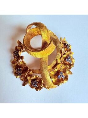 Estate 18K Solid Yellow Gold Sapphire Flower Wreath Brooch Designer Signed Italy